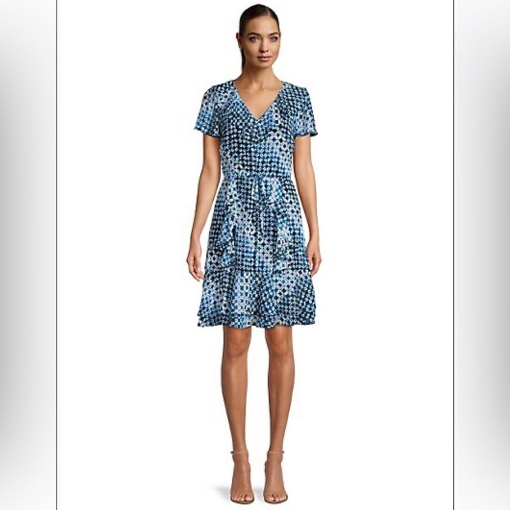 KARL LAGERFELD PARIS  Blue Printed Flutter Sleeve Dress - Picture 3 of 16